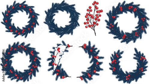 Set of six blue Christmas fir wreath elements and a holly berry branch, vector collection of festive holiday border designs, winter nature decoration frames, isolated on white background.
