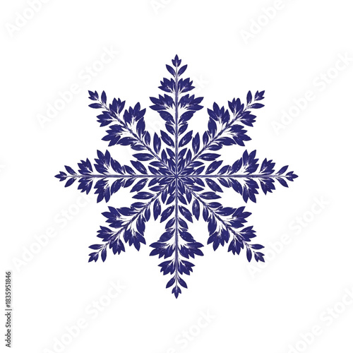 Intricate snowflake illustration with symmetrical patterns and delicate details on a clean background from a direct viewpoint