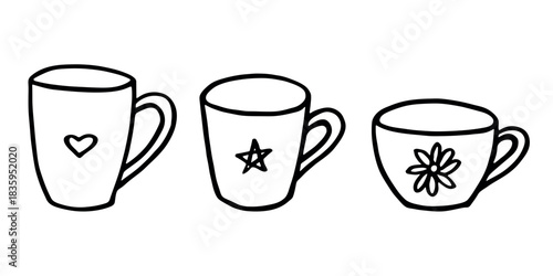 Set of cute hand drawn cup of tea or coffee Simple mug clipart Cozy home doodle Single element for design