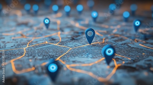 Close-up view of a detailed city map with glowing orange streets and multiple blue location pins marking different points