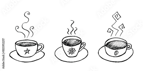 Set of cup of tea or coffee with rising steam Simple mug clipart Cozy home doodle Single element for print, web, design, decor