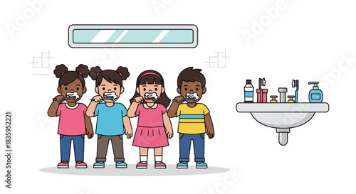Diverse group of children brushing teeth together in a bathroom setting.