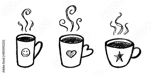 Set of cup of tea or coffee with rising steam Simple mug clipart Cozy home doodle Single element for print, web, design, decor