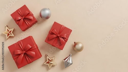 Red Gift Boxes and Christmas Ornaments on a Light Background