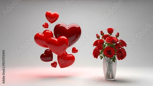 Red Hearts and Rose Bouquet in a Vase 