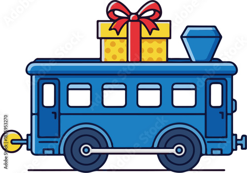 Blue cartoon train carrying a gift-wrapped present on top, perfect for christmas holiday and celebration themes