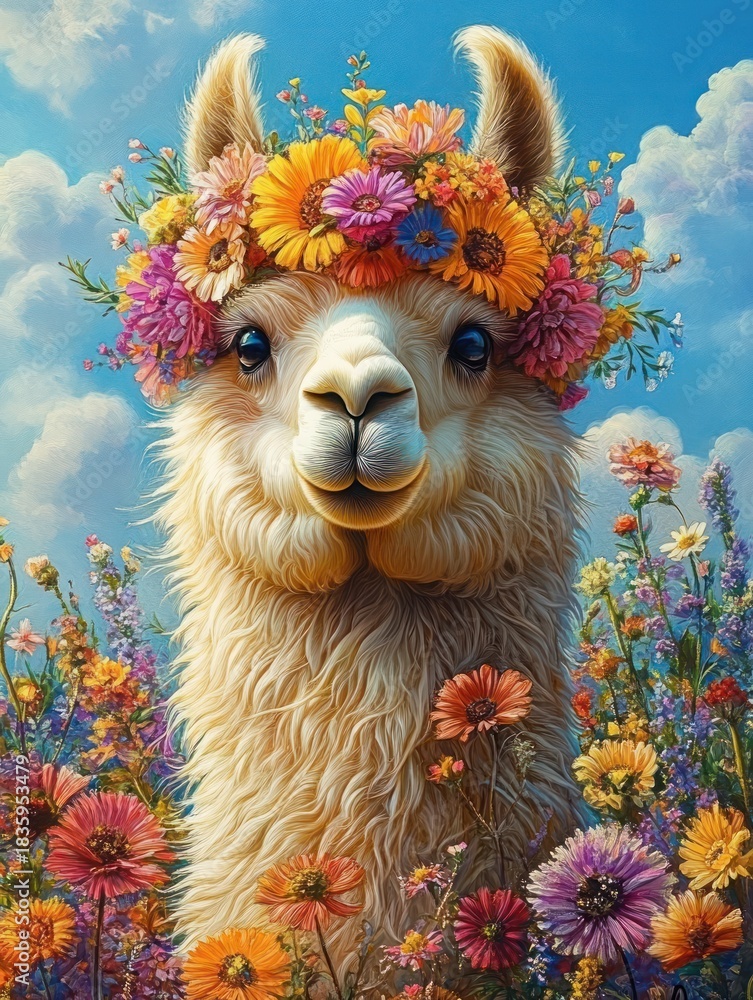 Obraz premium Close-up of a smiling alpaca wearing a colorful flower crown surrounded by vibrant wildflowers under a bright blue sky with clouds