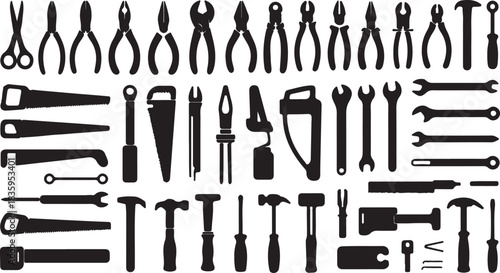 A comprehensive set of black silhouettes featuring a wide variety of hand tools for construction, repair, and DIY projects