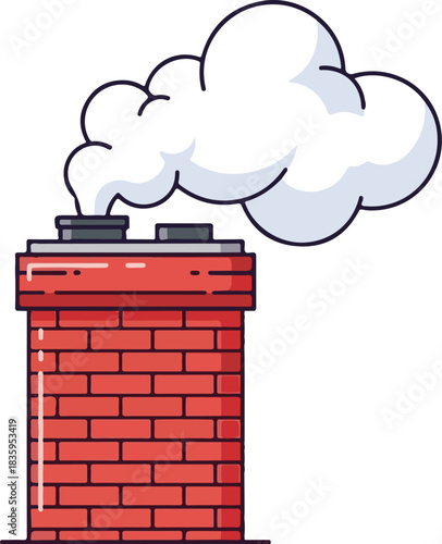 A simple vector illustration of a red brick chimney with thick white smoke coming out, isolated on a white background
