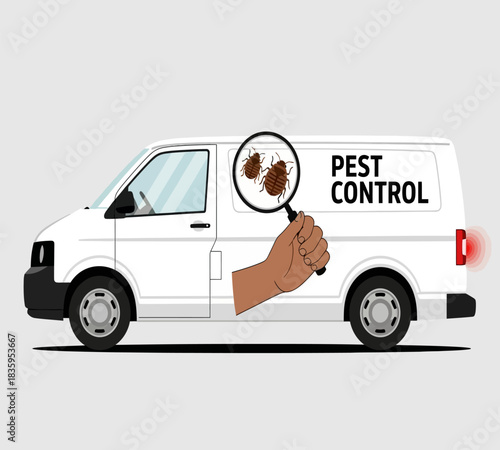 Pest control service van with magnifying glass examining droppings illustrating inspection and extermination for homes and businesses professional pest management