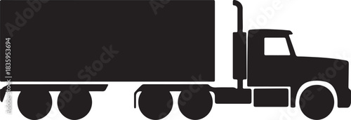 A stark black and white silhouette illustration of a classic semi-truck, depicting heavy-duty transport and logistics