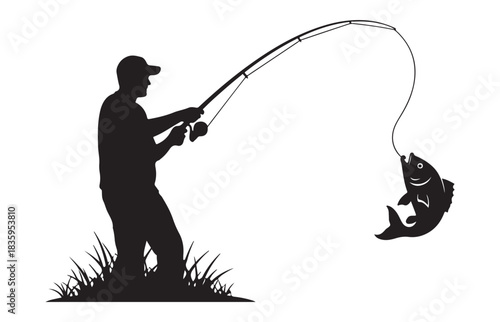 Silhouette of a man in a cap fishing with a bent rod as a fish jumps out of the water