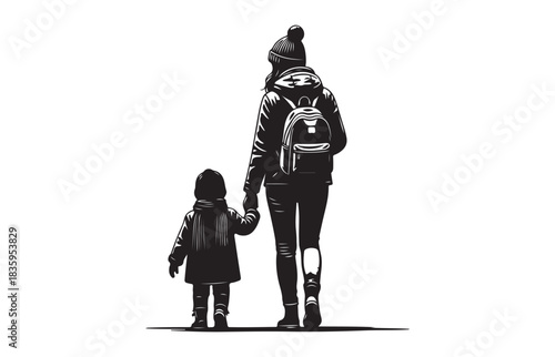 Stylized silhouette of a mother and child holding hands wearing winter hats and coats standing together