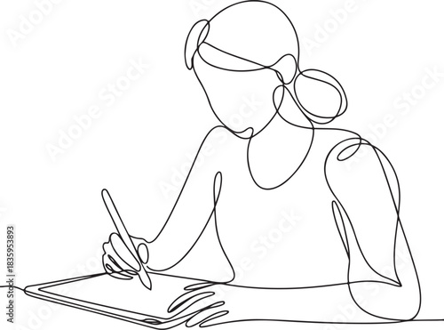 Continuous one-line drawing of a person sketching on a tablet with a stylus, illustrating creativity and digital art