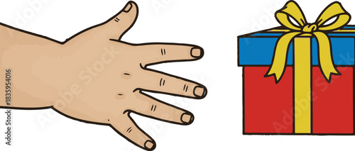 A simple vector illustration of an open hand reaching for or presenting a colorful gift box tied with a festive bow