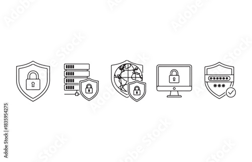 Collection of hand drawn icons representing digital security concepts including shields locks servers and computer screens