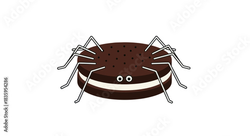 Chocolate cookie with cream filling transformed into a spider with eight thin legs and cartoon eyes.