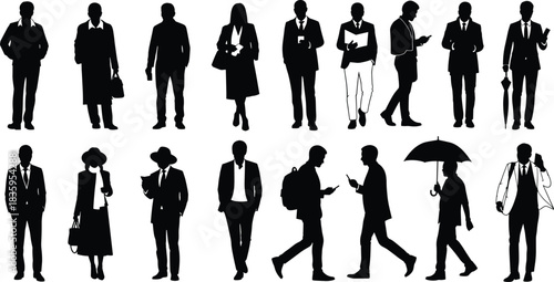 Business people silhouette illustration set, professional posture and workplace gesture concept vector, black and white graphic for corporate themes