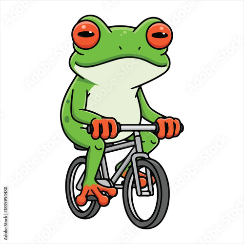 Cute cartoon red eyed tree frog with bright green skin happily riding a bicycle on a white background