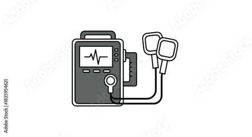 Medical Defibrillator Device with Attached Electrode Pads Flat Design.