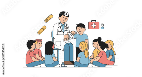 Illustrated Doctor Teaching Diverse Children About Health and First Aid.
