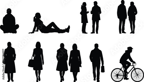 Collection of black human silhouettes in various poses and activities people woman