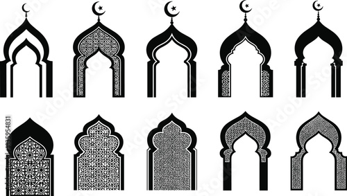 Collection of black Islamic archways with crescent moons and geometric patterns mosque