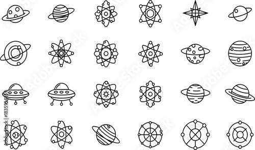 Collection of black line art icons depicting planets atoms and U F Os space