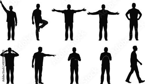 Collection of black male silhouettes in various poses and actions person human 1