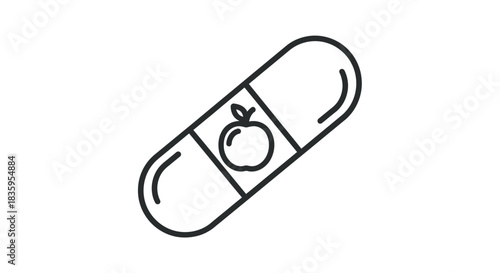 Black Outline Capsule Icon with Apple Symbol for Natural Health and Nutrition.