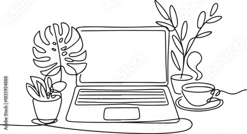 Conceptual one line drawing of a cozy home office setup with a laptop, coffee, and houseplants for a modern minimalist workspace
