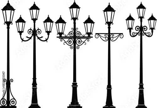 Collection of black silhouette vintage street lamps with ornate details lamp post