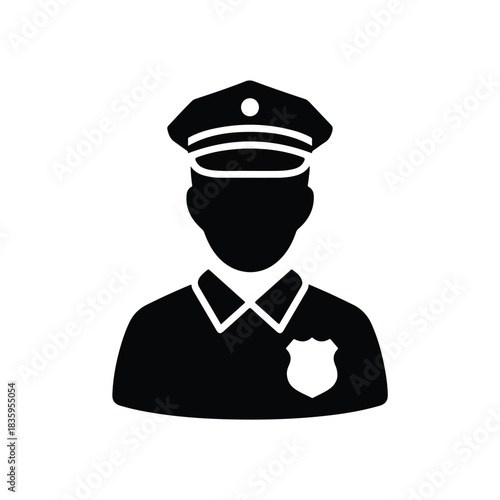 Simple graphic silhouette depicting a uniformed police officer, symbolizing authority and security