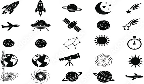 Collection of black space and travel icons including rockets planets earth and airplanes