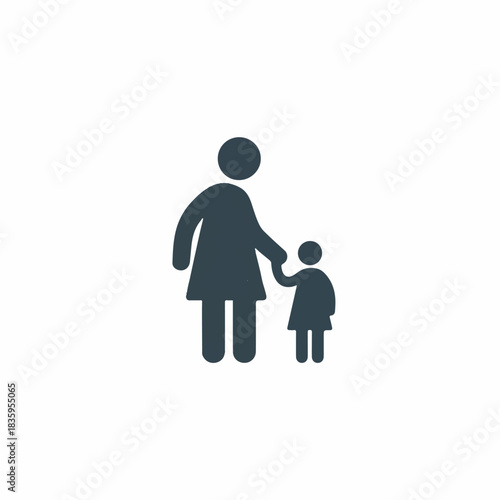 Caring mother and child walking together, symbolizing family connection, protection, and parental guidance in a simple iconographic design