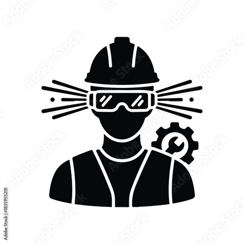 Worker in Virtual Reality Goggles with Gear and Rays Icon