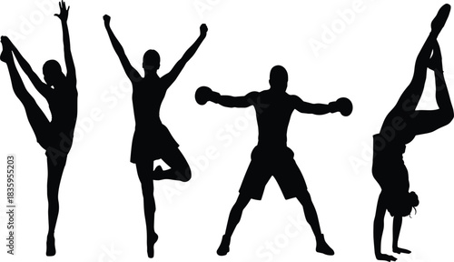 Four black silhouettes of people in athletic poses on white background dance