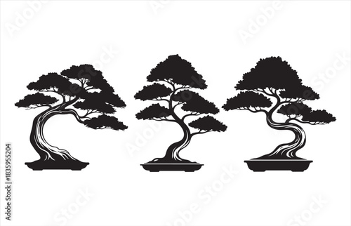 Three stylized black silhouette bonsai trees with intricate branches and full canopies on white background