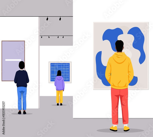 People admiring modern art in a gallery appreciating abstract paintings and sculptures experiencing culture and creativity in a minimalist museum setting with clean lines