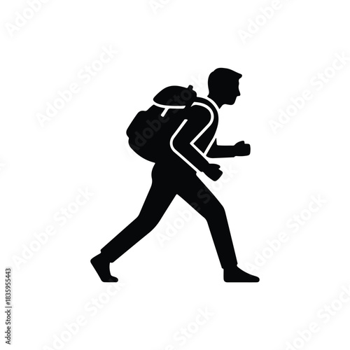 A stylized black silhouette of a hiker carrying a backpack and moving forward with purpose