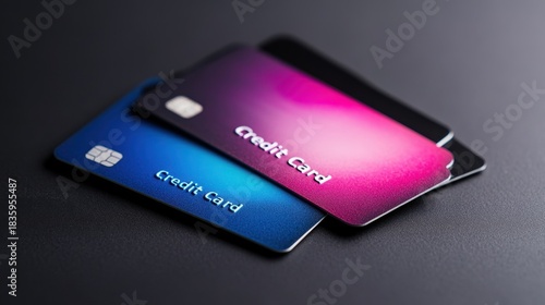 Three credit cards with smooth, modern designs in gradient colors of blue, pink, and black are stacked on a dark surface.