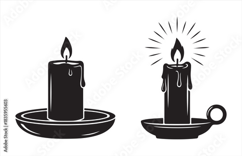 Two silhouette candles one lit with radiant glow and the other unlit in simple holders