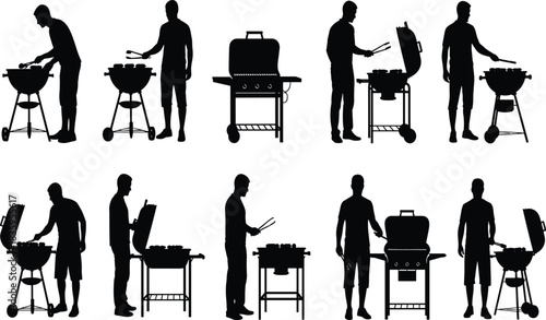 Silhouettes of men grilling food on various barbecue grills cooking