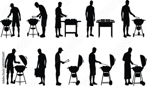 Silhouettes of men grilling food on barbecues in various poses vector