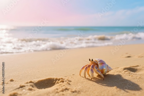 Hermit crab on sandy beach with ocean waves in background