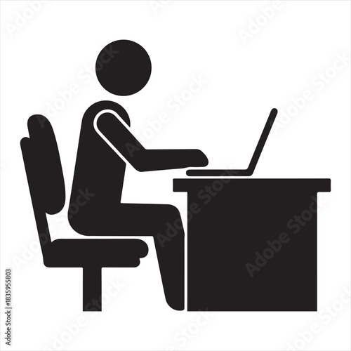 Silhouette of a person sitting at a desk working on a laptop computer in a simple graphic illustration