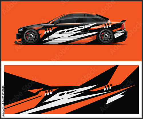 Car wrap design with abstract graphics in black white and orange