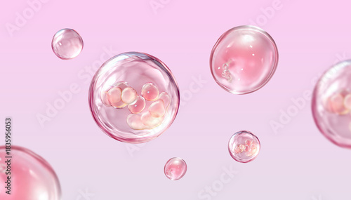 Fotografía Luxury 3D render of microscopic beauty bubbles, cosmetic oil drops, or encapsulated active ingredients on a soft pink background