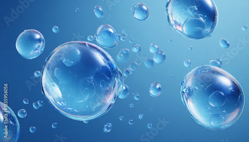 Fotografija Water bubbles on blue background