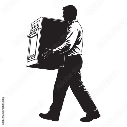 Silhouette of a man in formal attire carrying a large ornate box with a determined stride
